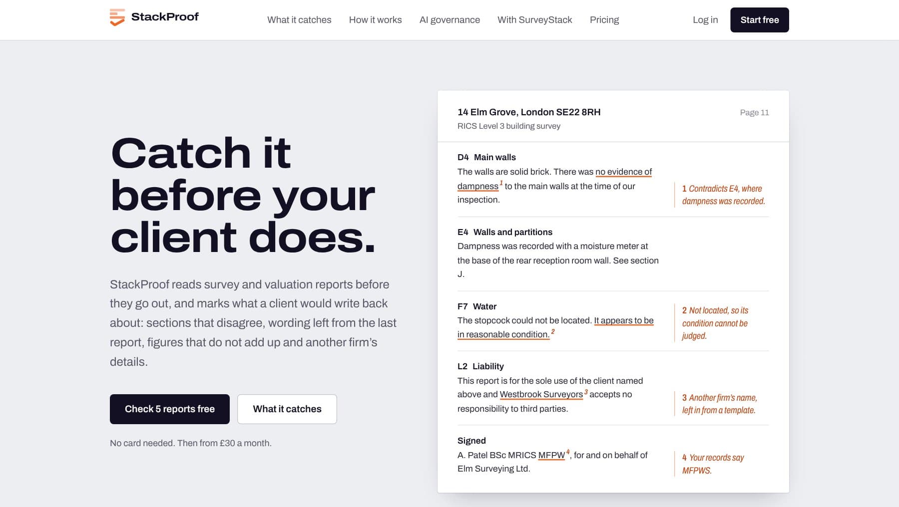 StackProof homepage showing a survey report page with four mistakes marked