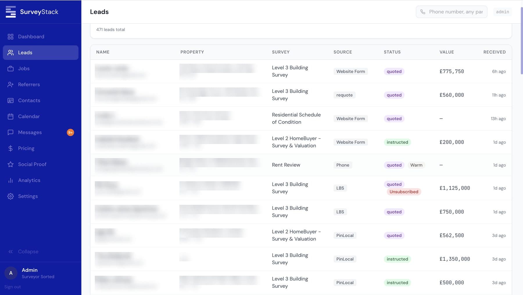 SurveyStack leads dashboard with client details redacted